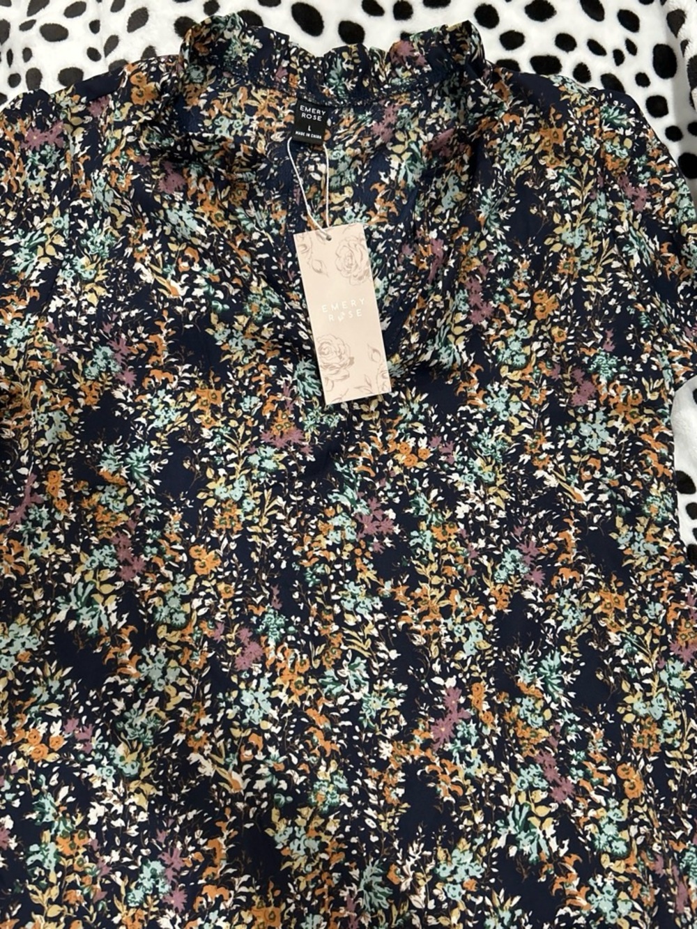 Emery Rose Navy Floral Ruffled Neck Blouse